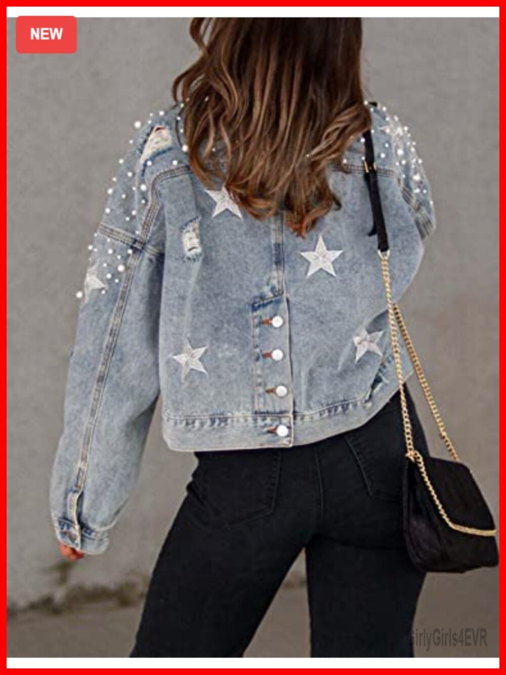 Cropped Pearl Beaded Denim Jacket Star Embroidered Ripped Cowgirl Trucker Coat - Picture 2 of 6